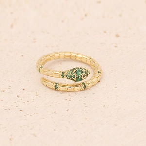 Elegant gold snake wrap ring with sparkling green emerald zircons and scale textures