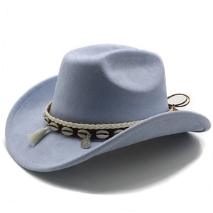 Light blue western cowboy hat with white fringe, shell decor, and woven band details