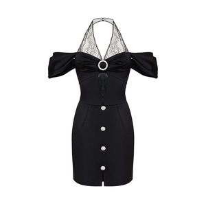 Robe moulante noire sexy à licou avec dentelle et boucles en strass en coupe slim