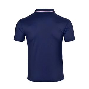 Detail view of navy blue polo shirt back with red, white, and blue stripe on the collar