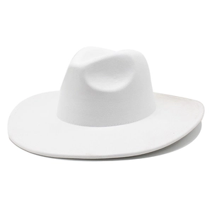 Detail view of the fine texture and wide brim on this classic white felt fedora hat