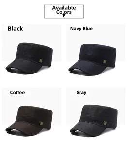 Flat top cadet caps for men in black, navy, coffee, and grey with metal logo detail