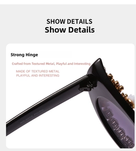 Detail showing the strong metal hinge and NO.0072 model print on these cat-eye sunglasses