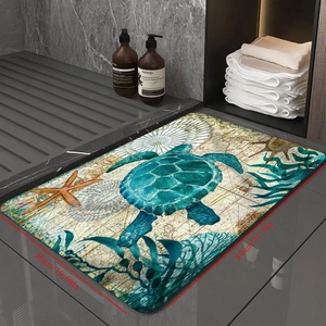 Detailed view of turtle print bath mat with size dimensions 50x80cm in bathroom setting