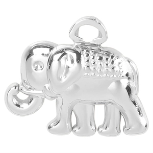 Macro detail of a silver elephant pendant showing intricate texture and polished finish