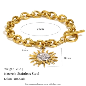 Detail view of 18K gold plated stainless steel sun pendant bracelet with size measurements