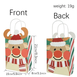 Front and back view of Christmas kraft paper gift bag with reindeer and size dimensions