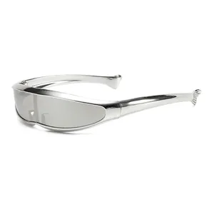 Futuristic Y2K cyber sports sunglasses with silver metallic frame and gray wrap lens