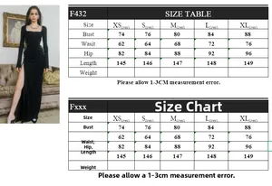 Size chart for black square neck long sleeve maxi dress with bust and waist measurements