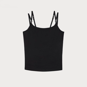 Minimalist black ribbed camisole for women featuring unique double adjustable thin straps