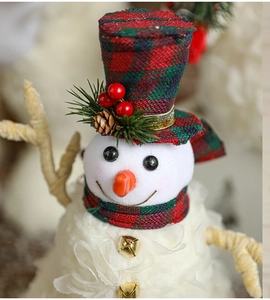 Detail of Christmas snowman figurine with red-green plaid hat and cozy scarf decoration