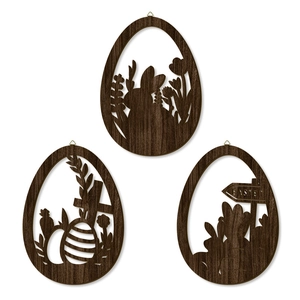 Three-piece walnut wooden Easter bunny and egg hollow wall hanging ornaments set