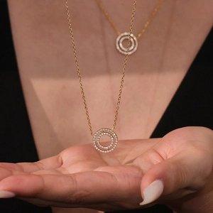 Chic gold-plated stainless steel necklace with sparkling 5A zircon double circle pendant