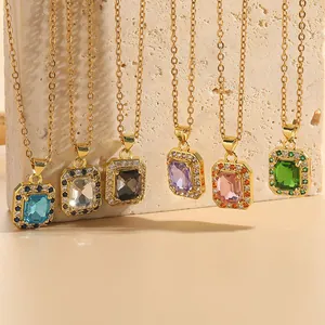 Square zircon titanium steel chain necklace set with six colorful gemstone pendants
