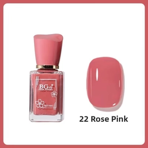 Close-up of 14ml dusty rose pink nail polish bottle with matching color swatch display
