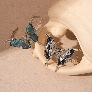 Vintage layered resin butterfly open bangle with silver metal frame in blue and black
