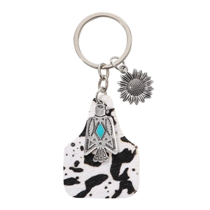 Vintage farm signboard keychain with sunflower, thunderbird pendant and cow hide pattern