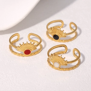 Sunburst Open Ring 18K Gold Plated Stainless Steel Adjustable Vintage Bohemian Jewelry For Women Retro Sun Motif Band