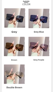 Detailed comparison of rimless square sunglasses in grey, blue, and brown lens options