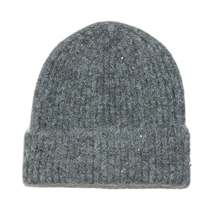 Close-up of grey wool blend knit beanie with sparkling silver sequins and folded cuff