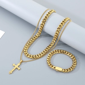 Men Stainless Steel Cuban Link Chain Necklace And Bracelet Double Layered Cross Pendant Punk Hip Hop Style Jewelry