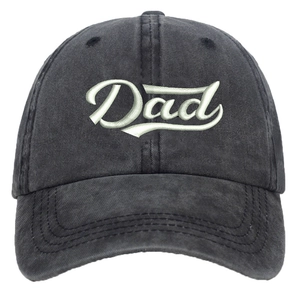 Close-up of white 3D Dad embroidery on washed dark grey cotton canvas baseball cap