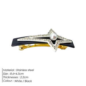 Pinza para el pelo de acero con estrella blanca y negra, perlas y brillantes 8,6 cm