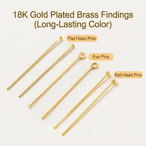 18K gold-plated copper head pins, eye pins, and ball pins for DIY jewelry making