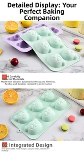 Detailed view of flexible 6-cavity bear silicone cake mold in purple and mint green