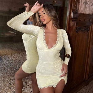 Langarm Spitze V Ausschnitt Bodycon Minikleid Für Damen Sexy Patchwork Einfarbig Seitenschlitz Eng Anliegend