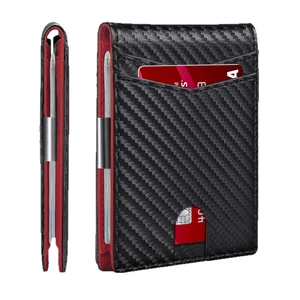 Slim carbon fiber wallet for men with red lining and RFID blocking metal money clip