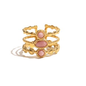 Three-layer gold titanium steel ring with pink stones and adjustable beaded band