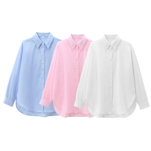 Women Long Sleeve Shirt Cotton Blend Button Down Loose Fit Casual Streetwear Lapel Collar Solid Color Blouse