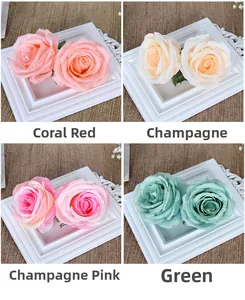 Detailed grid of faux rose heads in coral, champagne, pink, and green for wedding decor