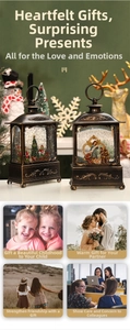 Close-up of retro bronze Christmas lantern featuring snow globe and LED lights inside