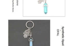 Macro detail of Hamsa Hand charms and hexagonal synthetic crystal stone keychains