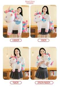 Size comparison of white unicorn plush toys in 25cm to 100cm with rainbow mane and tail