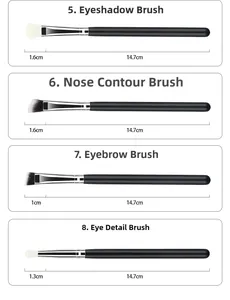 Detail view of four professional eye makeup brushes with matte black handles and silver ferrules