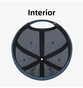 Detailed interior of a vintage denim skull cap with six-panel stitching and metal buckle