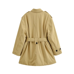 Classic khaki double-breasted trench coat for women featuring back wind flap and belt detail
