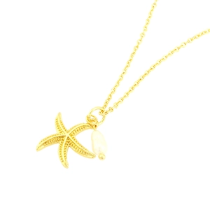 Elegant 18K gold plated necklace with starfish charm and white pearl on white background