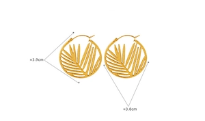 Detailed view of gold-tone palm leaf round earrings showing dimensions 3.9cm by 3.8cm