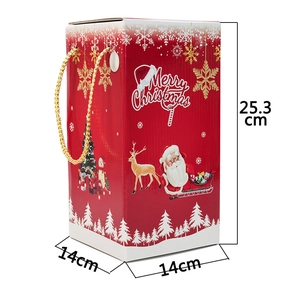 Detailed view of red Christmas gift box with dimensions 25.3cm height and 14cm width