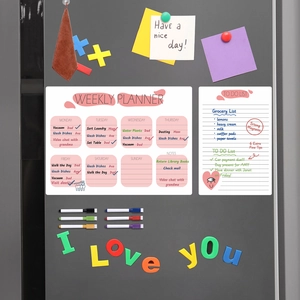 Detailed view of magnetic weekly planner and to-do list set with six colorful dry erase markers