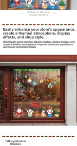 Détail de stickers de Noël pour vitrines avec Père Noël, rennes et motifs de bonhomme de neige