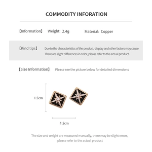 Detail specifications for 16K gold-plated rhombus stud earrings showing 1.5cm size