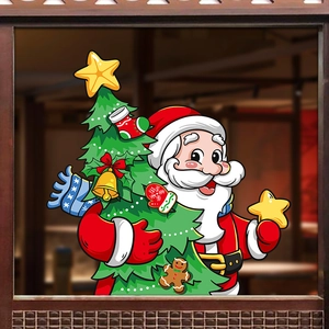 Cartoon Santa Claus and Christmas tree static window stickers for festive glass decoration