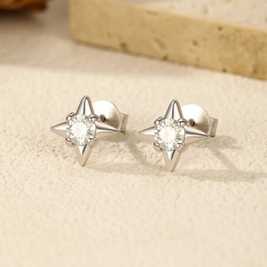 S925 sterling silver four-point star earrings with green moissanite stones