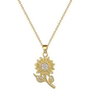 Gold sunflower necklace with sparkling zircon petals on a delicate cable chain