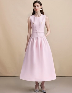 Robe Midi Sans Manches Col Rond Élégante Style Français Taille Haute Rose Ligne A Avec Ceinture Polyester Banquet